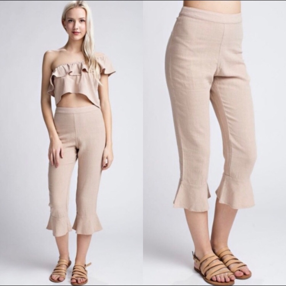 NWT Linen Ruffle Hem Cropped Pants